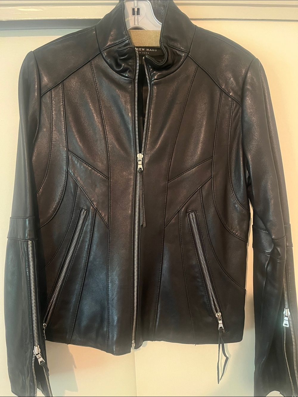 Andrew Marc Black Leather Moto Jacket with Zip Accents